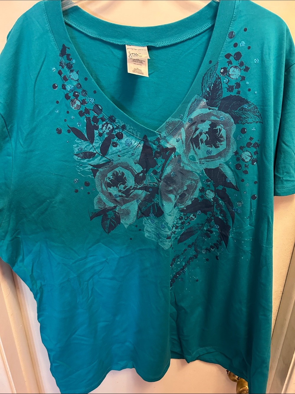 Just My Size Teal Floral V-Neck Short Sleeve Tee
